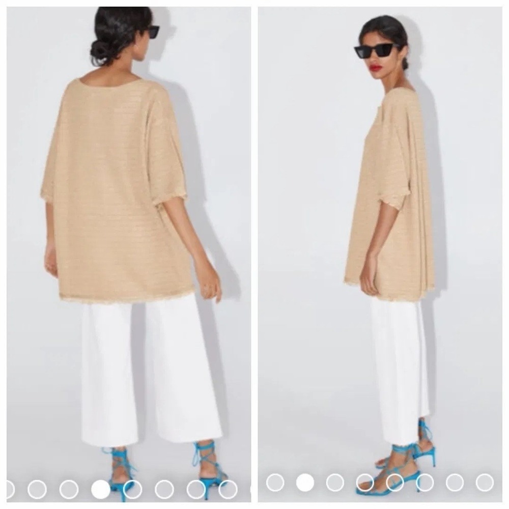 ZARA Textured Knit Fringe Short Sleeve Sweater Top Beige Size L Tunic Knit Top